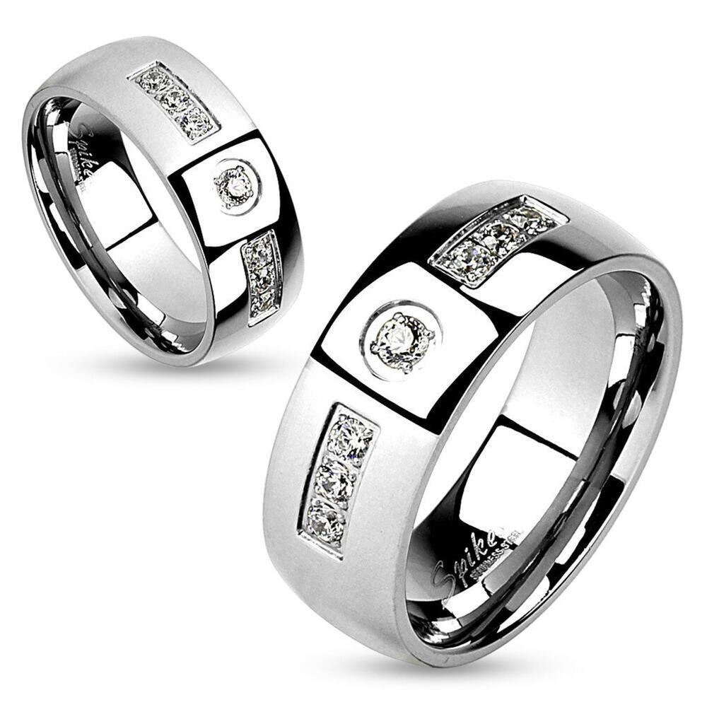 Gem Inlay with Center Gem Stainless Steel Couple Ring 8mm size 10